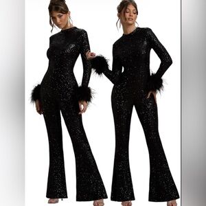 SHEIN Glittering Black Jumpsuit Long Sleeved W/feathered cuffs🌹